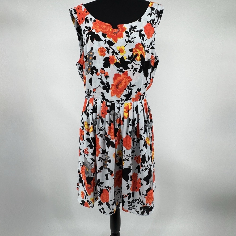 Oasis‎ Women's 16 Floral Fit & Flare Dress Gray Orange Sleeveless Tie Back Midi